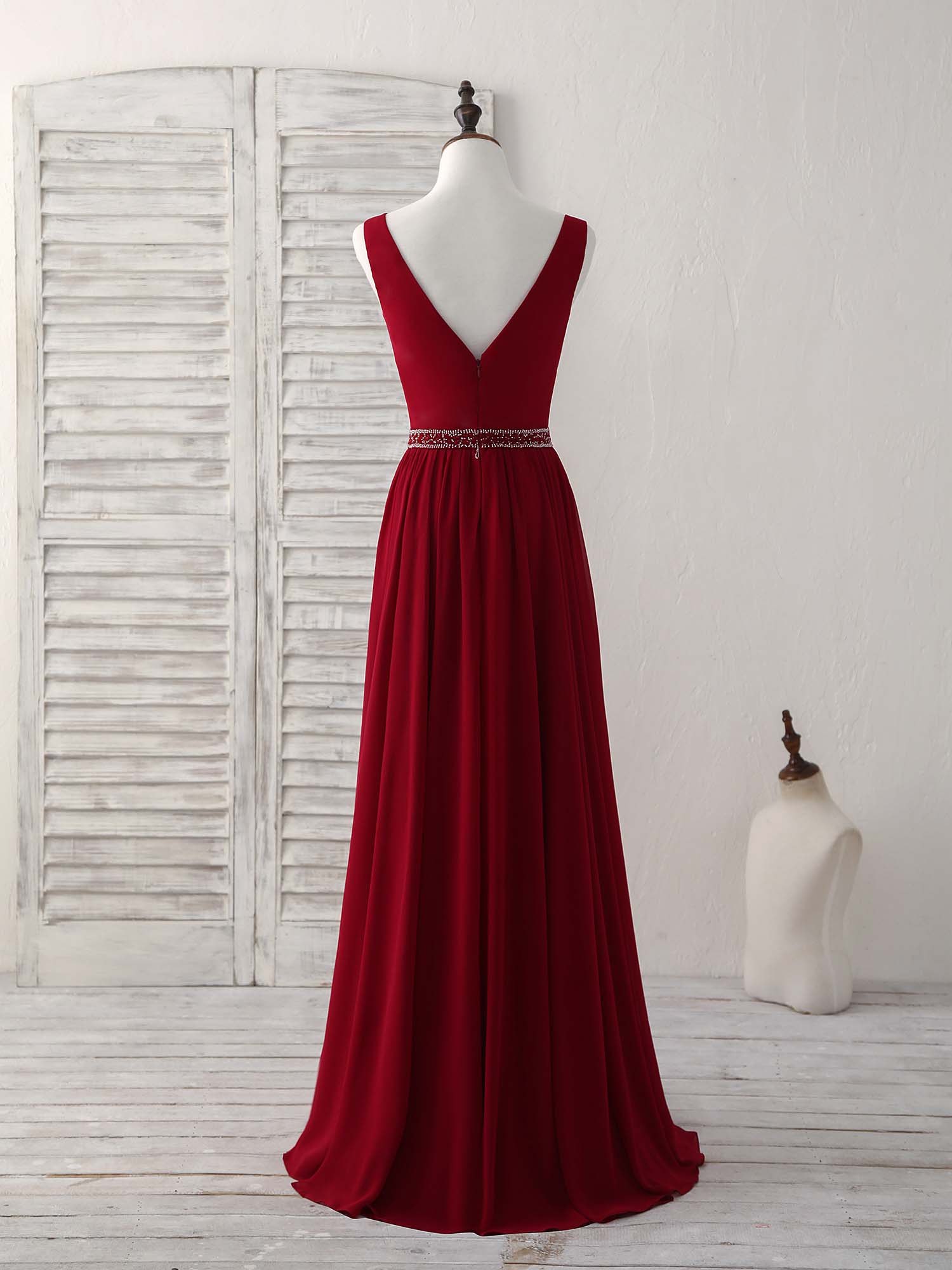 A-Line V-Neck Floor-Length Chiffon Dress with Beaded Waistline Prom Dress