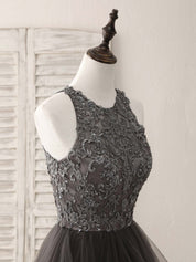 A-Line High Neck Floor-Length Tulle Prom Dress with Lace Appliqué