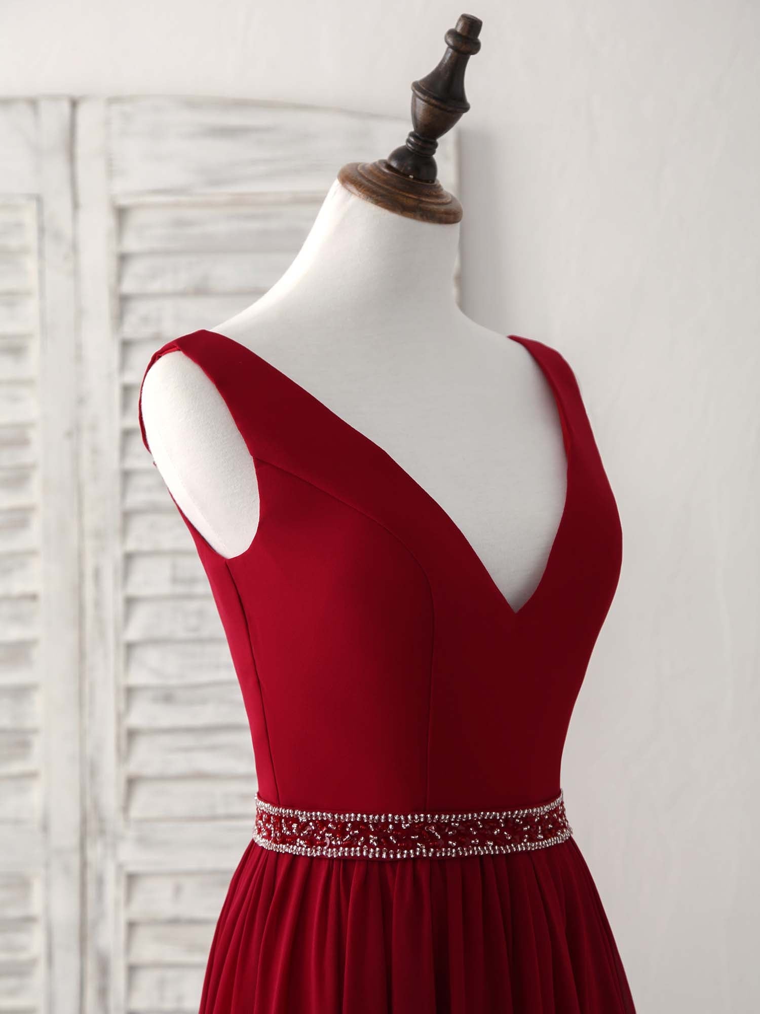 A-Line V-Neck Floor-Length Chiffon Dress with Beaded Waistline Prom Dress