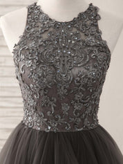 A-Line High Neck Floor-Length Tulle Prom Dress with Lace Appliqué