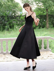 A-Line V Neck Tea-Length Black Satin Minimalist Homecoming Dress