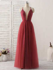 A-Line Deep V-Neck Floor-Length Tulle Dress with Spaghetti Straps Prom Dress