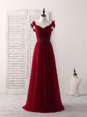 A-Line Sweetheart Neckline Floor-Length Tulle Prom Dress with Floral Shoulder Straps