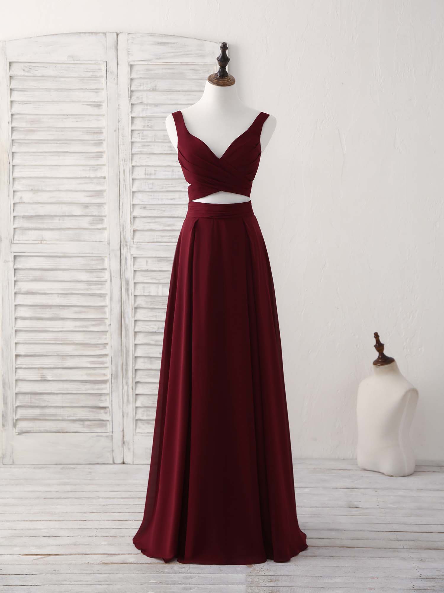 A-line V Neck Floor-Length Chiffon Two-Piece Prom Dress with Front Cutout