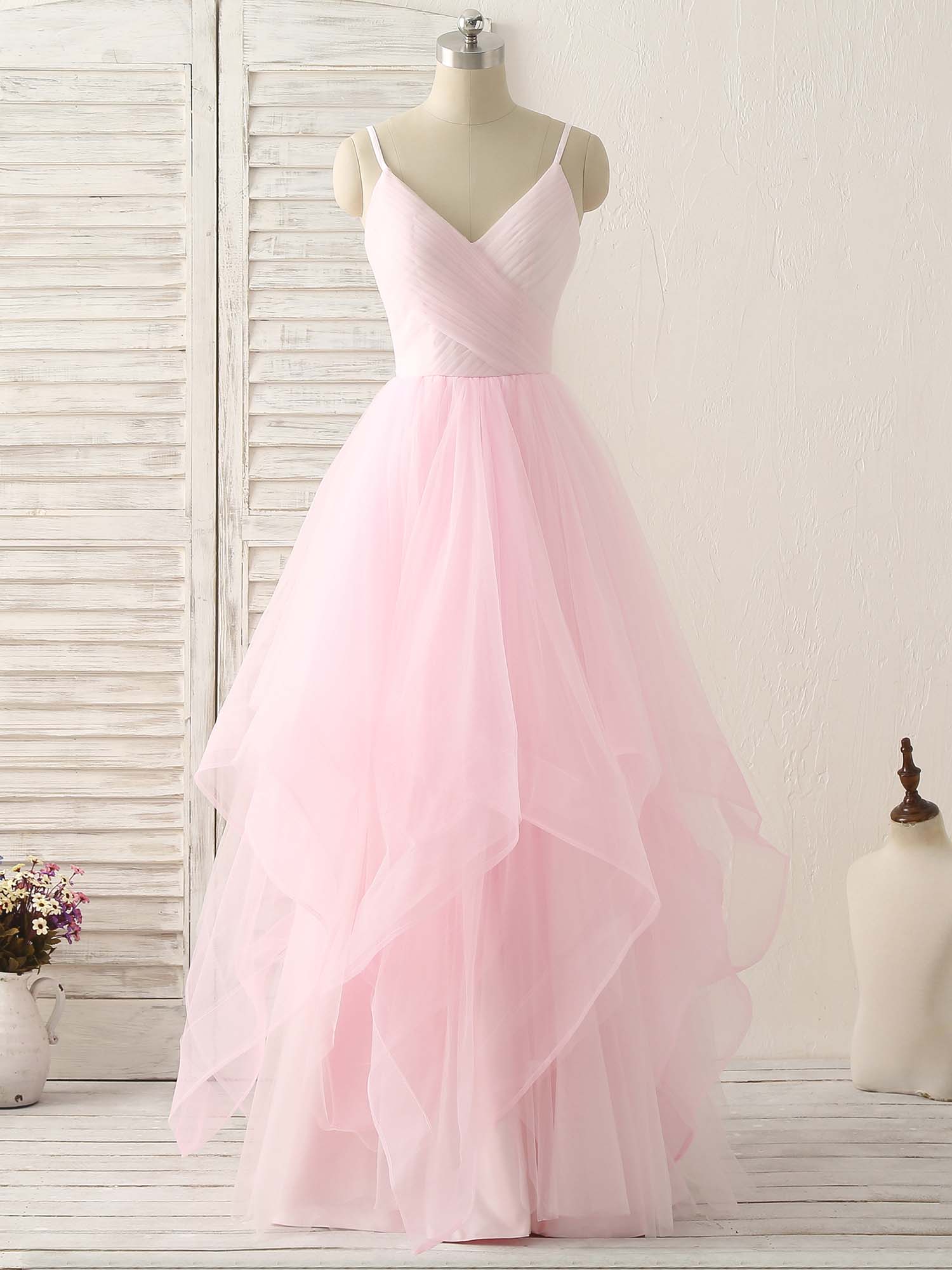 A-Line V-Neck Floor-Length Tulle Prom Dress with Layered Skirt