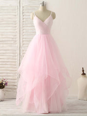 A-Line V-Neck Floor-Length Tulle Prom Dress with Layered Skirt