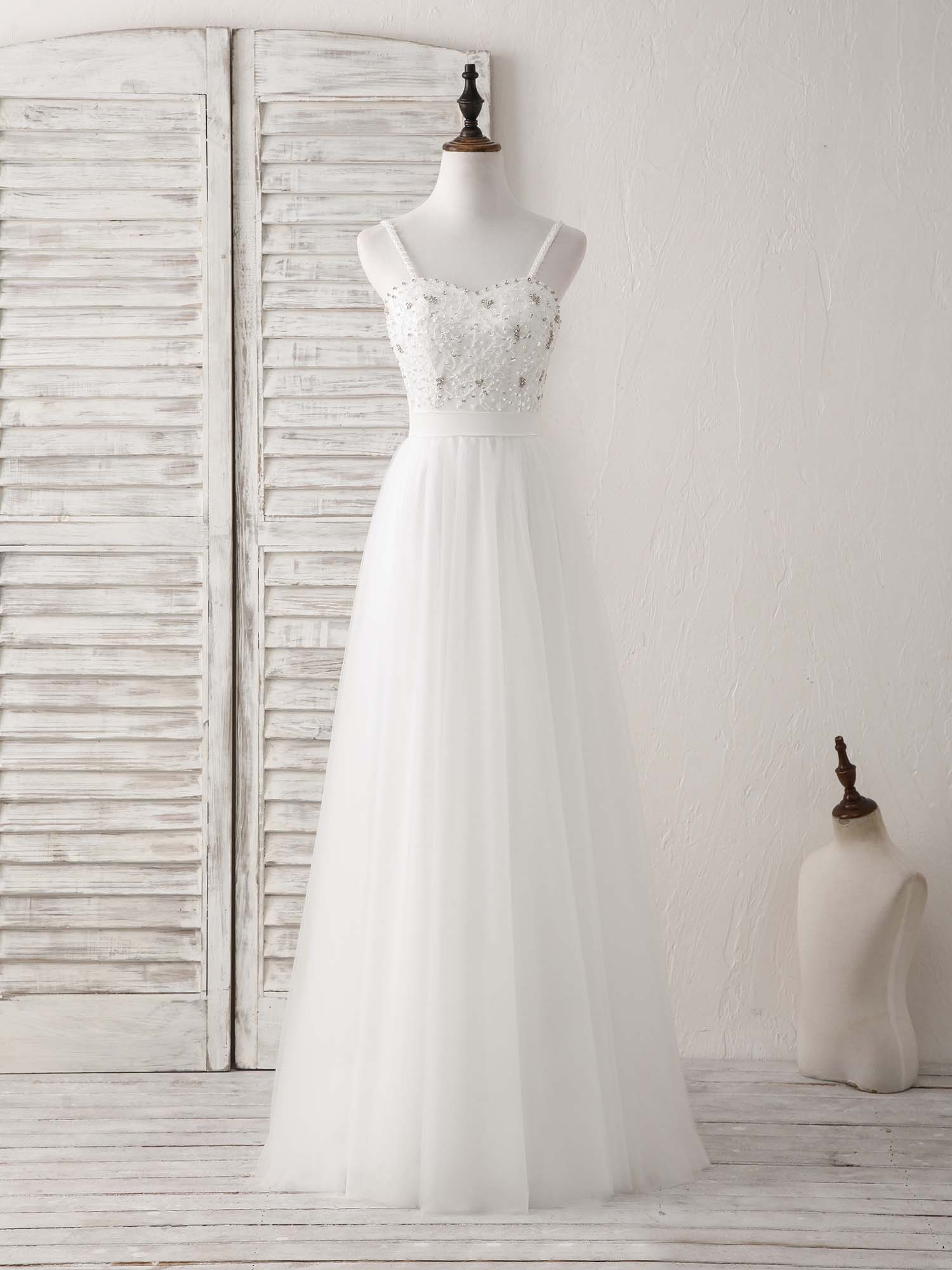 A-line Spaghetti Straps Floor-Length Tulle Prom Dress with Beaded Floral Bodice
