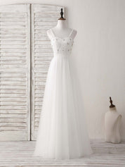 A-line Spaghetti Straps Floor-Length Tulle Prom Dress with Beaded Floral Bodice