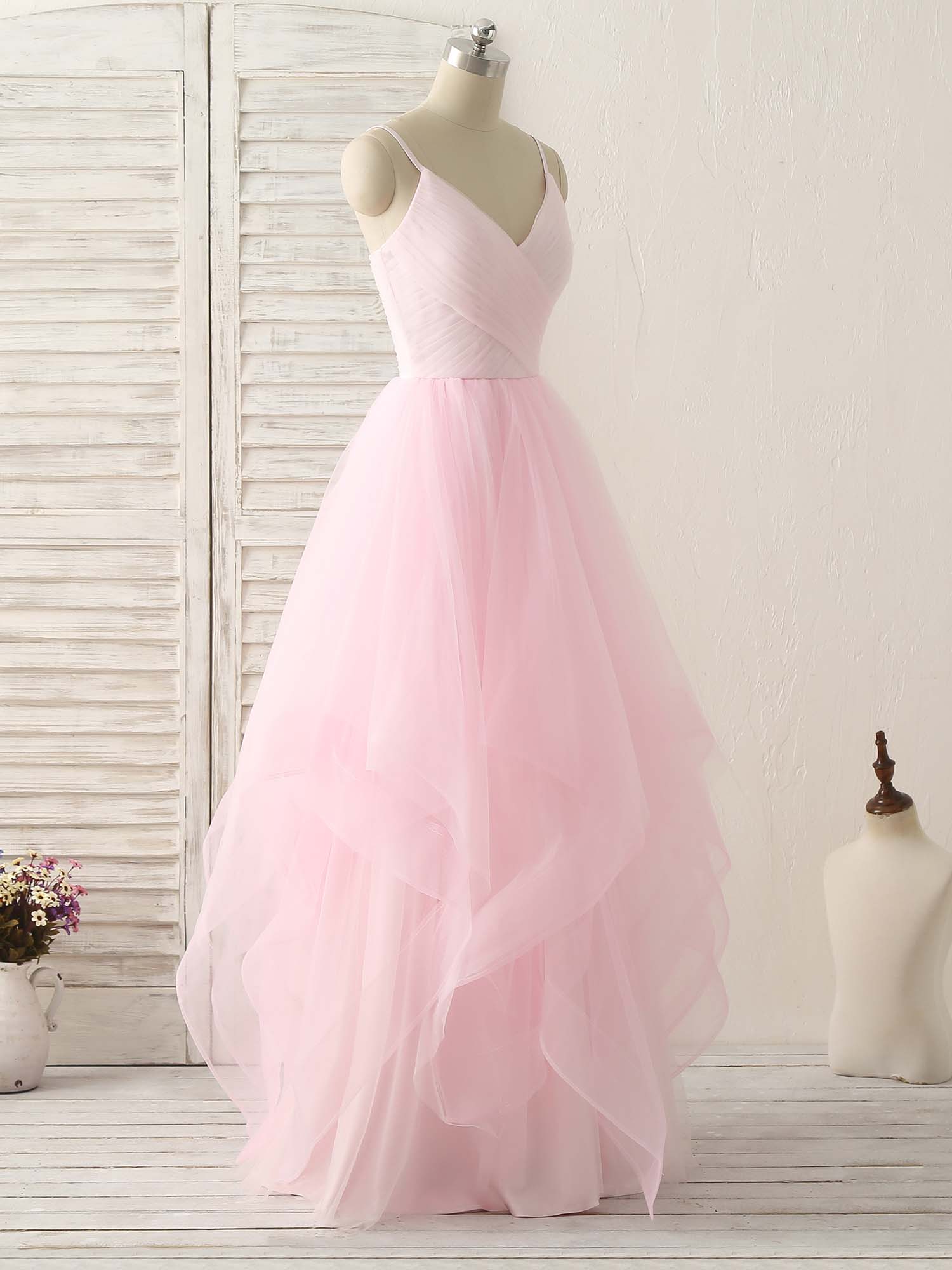 A-Line V-Neck Floor-Length Tulle Prom Dress with Layered Skirt