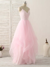 A-Line V-Neck Floor-Length Tulle Prom Dress with Layered Skirt