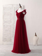 A-Line Sweetheart Neckline Floor-Length Tulle Prom Dress with Floral Shoulder Straps
