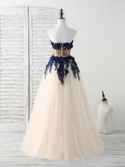 A-line Strapless Floor-Length Tulle & Lace Prom Dress with Contrast Appliqué and Satin Waistband