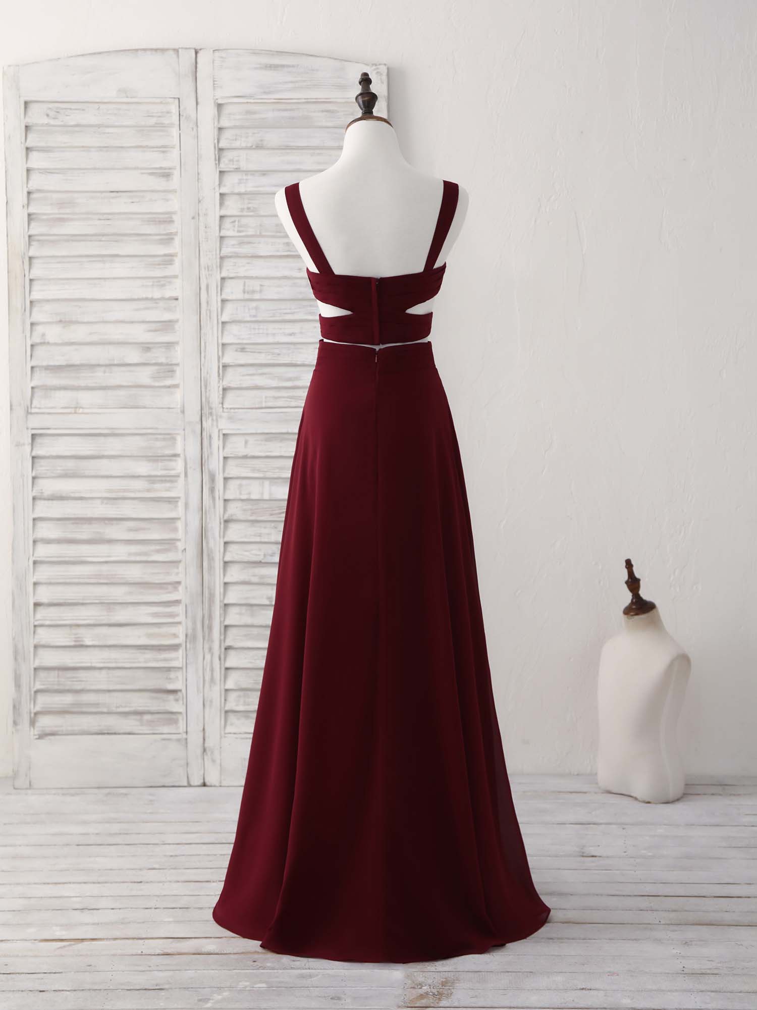 A-line V Neck Floor-Length Chiffon Two-Piece Prom Dress with Front Cutout