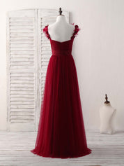 A-Line Sweetheart Neckline Floor-Length Tulle Prom Dress with Floral Shoulder Straps