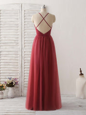 A-Line Deep V-Neck Floor-Length Tulle Dress with Spaghetti Straps Prom Dress