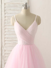 A-Line V-Neck Floor-Length Tulle Prom Dress with Layered Skirt