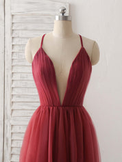 A-Line Deep V-Neck Floor-Length Tulle Dress with Spaghetti Straps Prom Dress