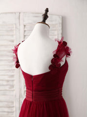 A-Line Sweetheart Neckline Floor-Length Tulle Prom Dress with Floral Shoulder Straps