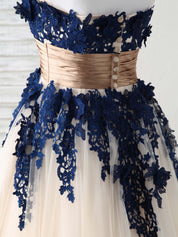 A-line Strapless Floor-Length Tulle & Lace Prom Dress with Contrast Appliqué and Satin Waistband