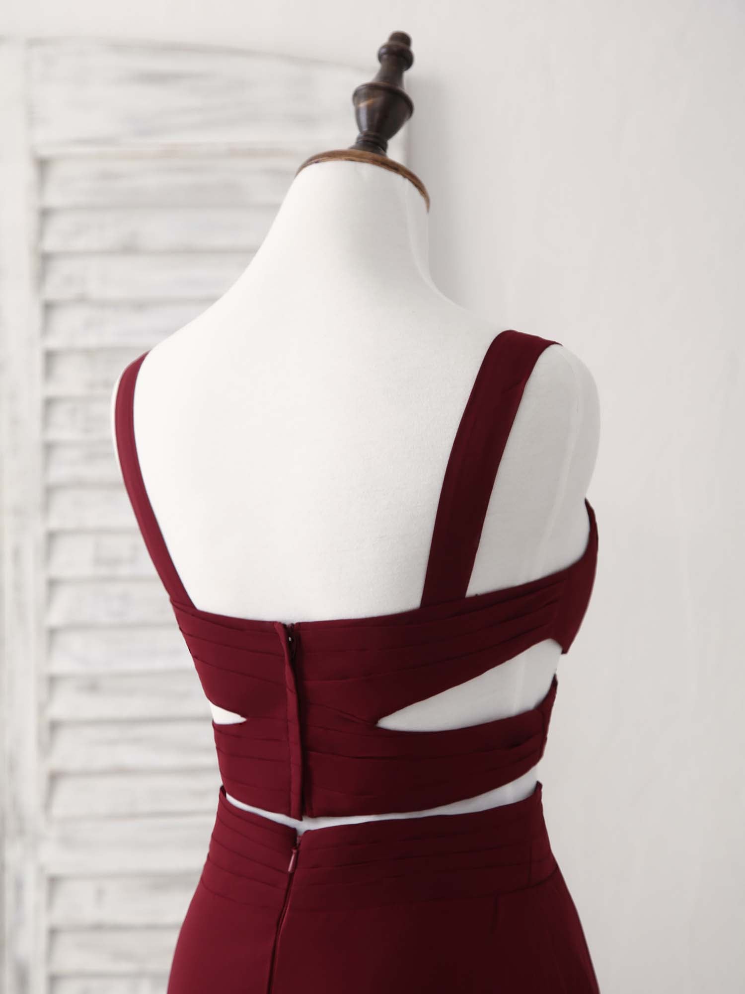 A-line V Neck Floor-Length Chiffon Two-Piece Prom Dress with Front Cutout