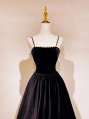 Black A-Line Scoop Neck Floor-Length Velvet Prom Dress with Pearl-Trimmed Neckline