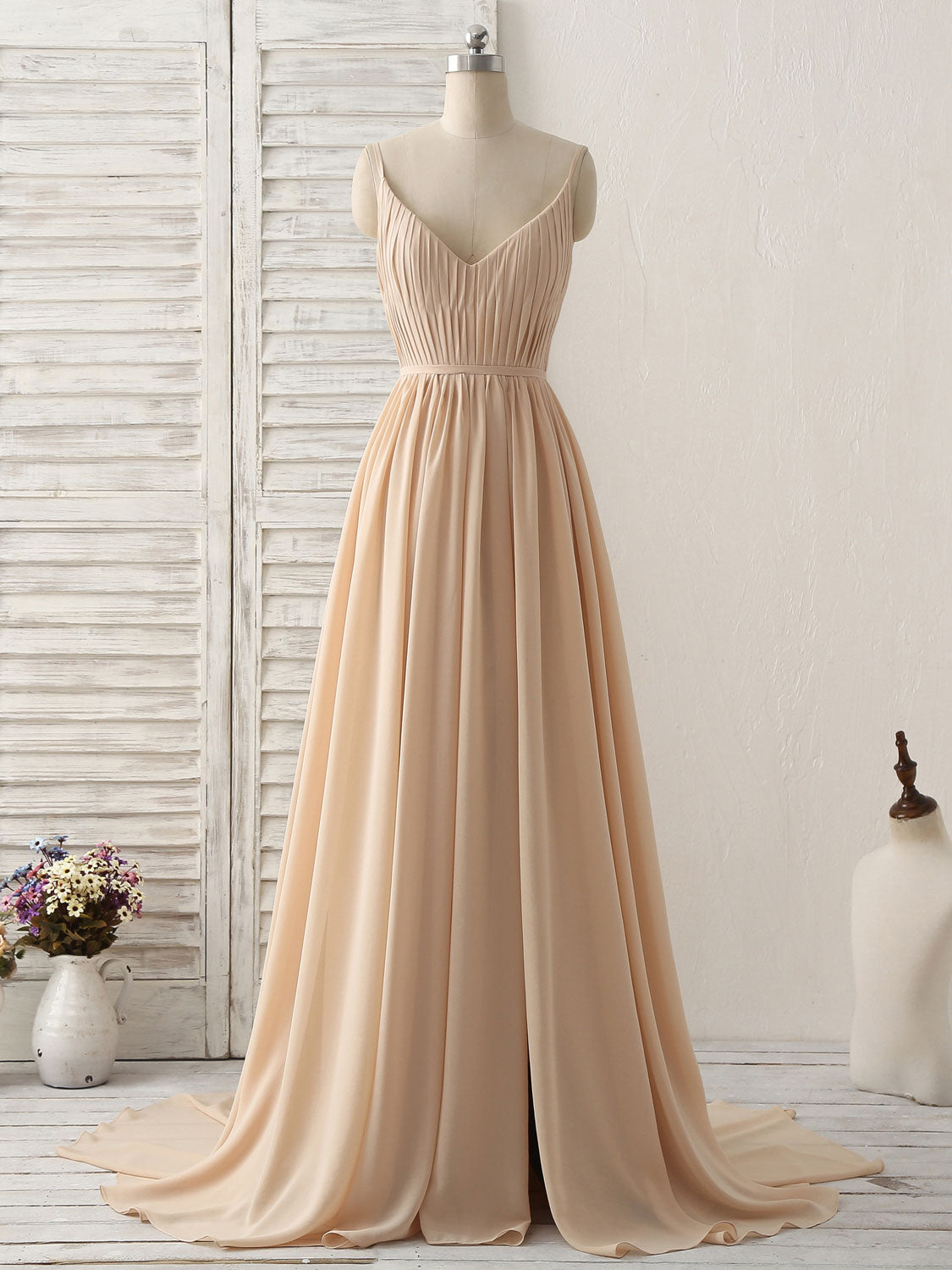 A-Line V-Neck Floor-Length Chiffon Dress with Gathered Bodice Prom Dress