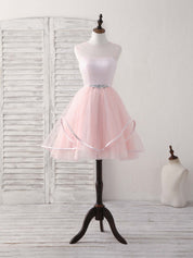 A-line Illusion Neck Short/Mini Tulle Homecoming Dress with Beaded Waistband