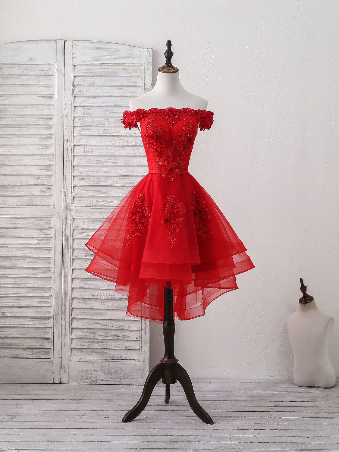 Off-the-Shoulder A-line High-Low Red Homecoming Dress with Floral Appliqué