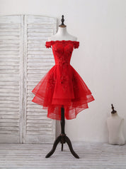 Off-the-Shoulder A-line High-Low Red Homecoming Dress with Floral Appliqué