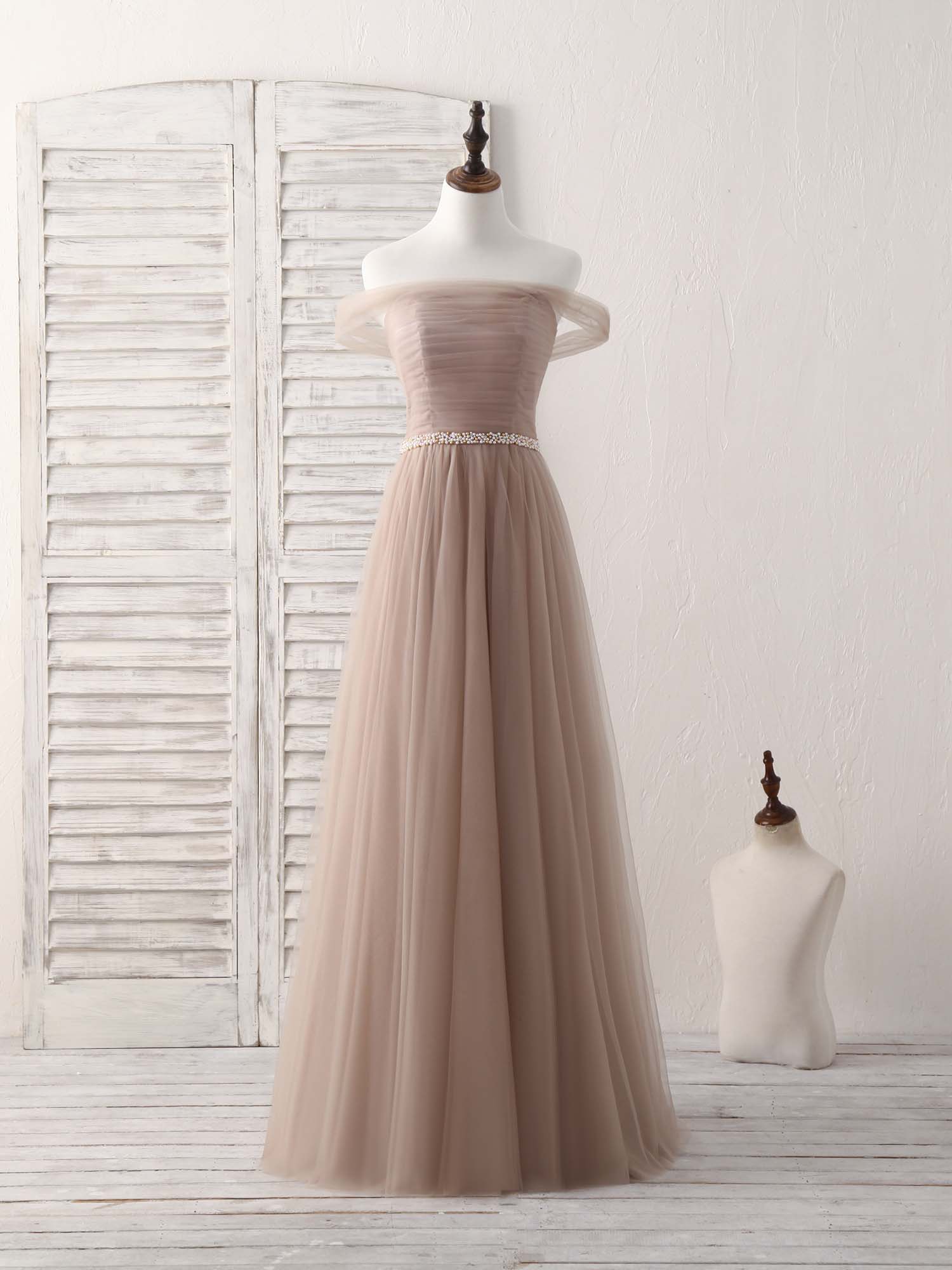 A-Line Off-the-Shoulder Floor-Length Tulle Prom Dress with Beaded Waistband