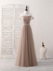 A-Line Off-the-Shoulder Floor-Length Tulle Prom Dress with Beaded Waistband