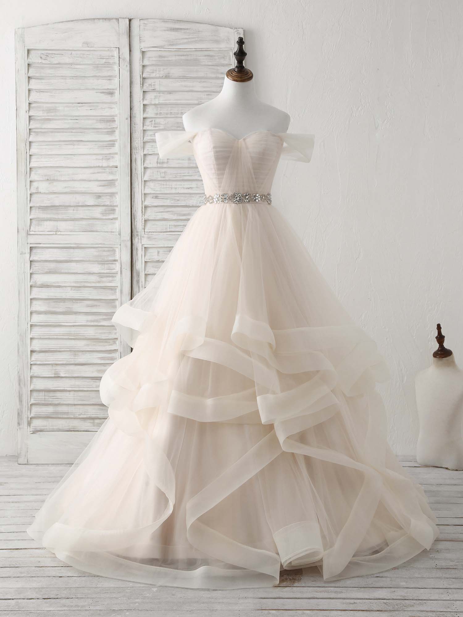 A-Line Off-the-Shoulder Floor-Length Tulle Prom Dress with Beaded Waist