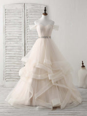 A-Line Off-the-Shoulder Floor-Length Tulle Prom Dress with Beaded Waist