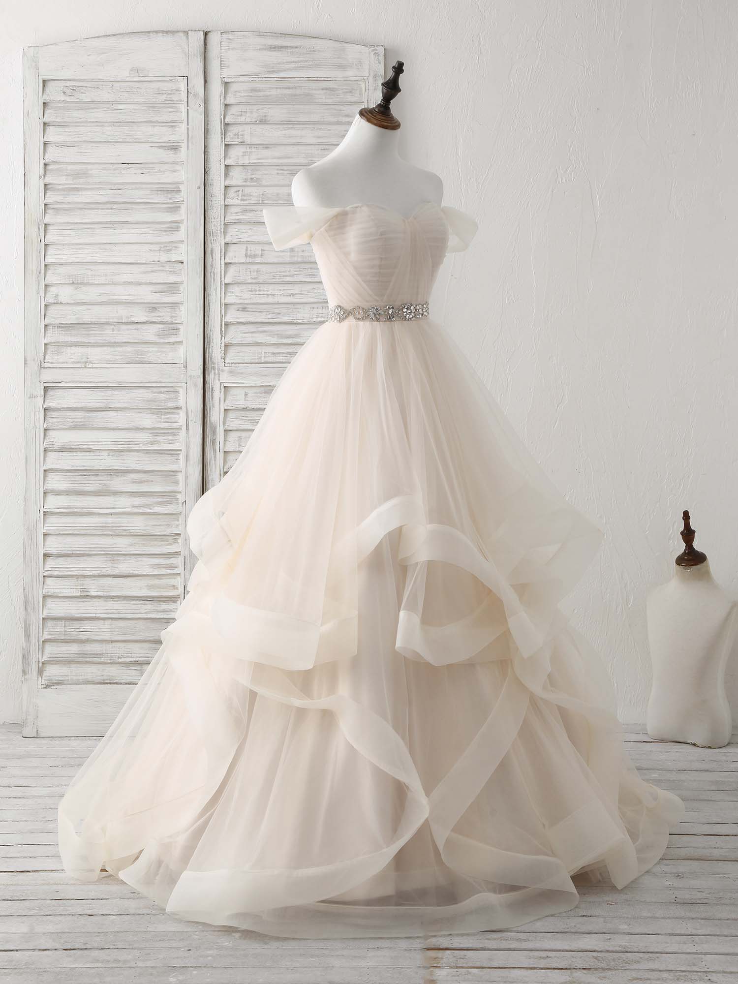 A-Line Off-the-Shoulder Floor-Length Tulle Prom Dress with Beaded Waist