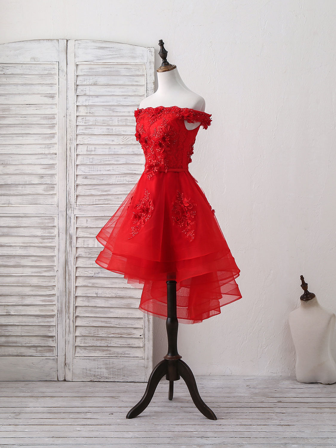 Off-the-Shoulder A-line High-Low Red Homecoming Dress with Floral Appliqué