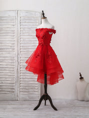 Off-the-Shoulder A-line High-Low Red Homecoming Dress with Floral Appliqué