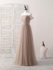 A-Line Off-the-Shoulder Floor-Length Tulle Prom Dress with Beaded Waistband