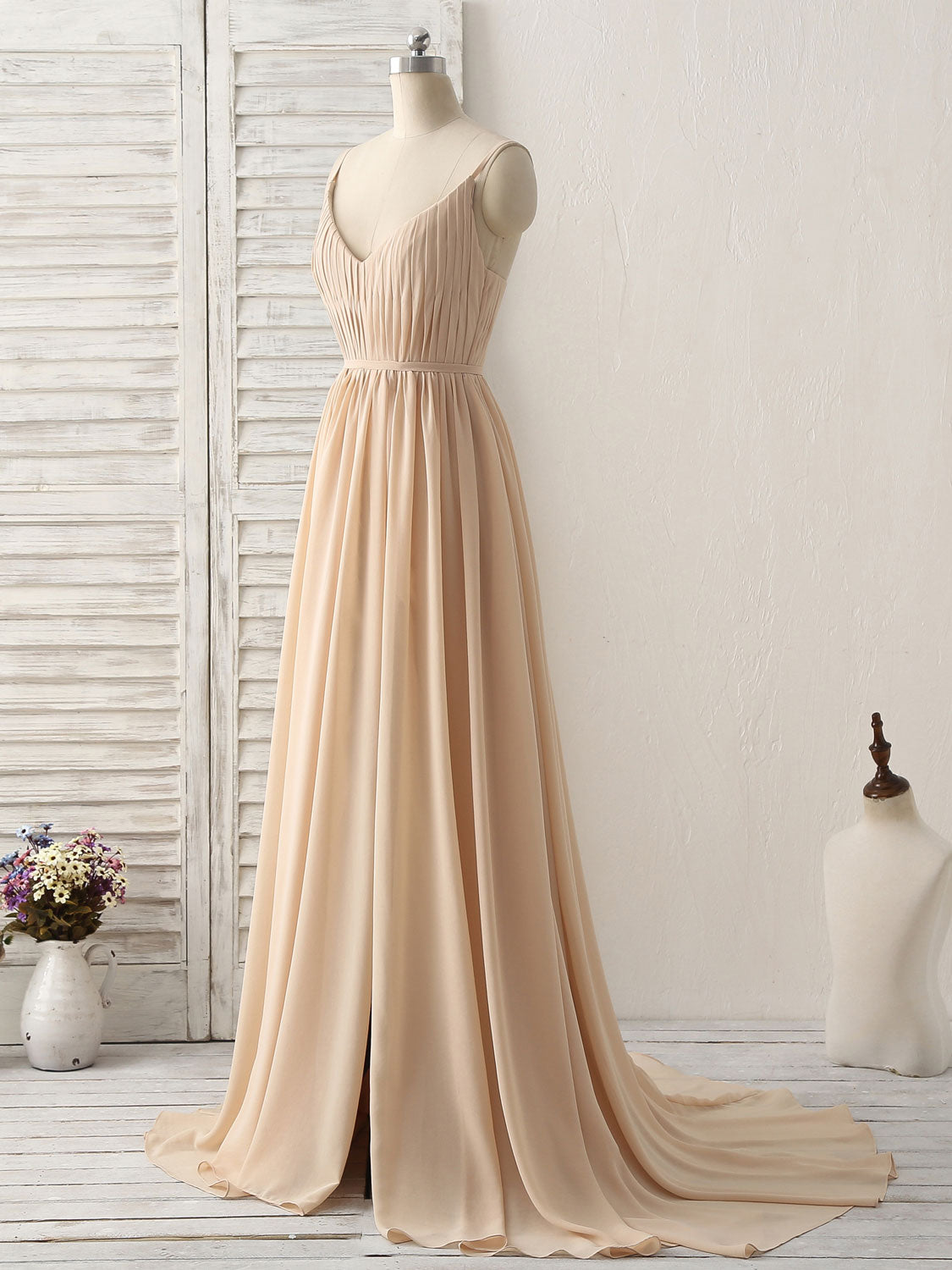 A-Line V-Neck Floor-Length Chiffon Dress with Gathered Bodice Prom Dress