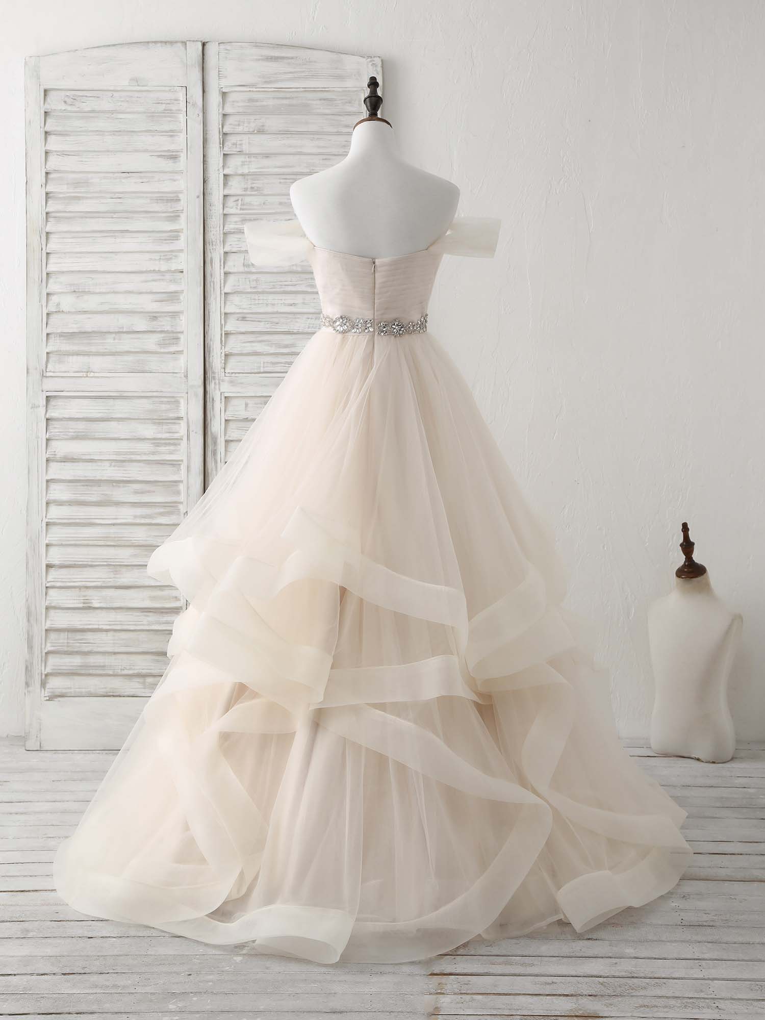 A-Line Off-the-Shoulder Floor-Length Tulle Prom Dress with Beaded Waist