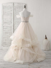 A-Line Off-the-Shoulder Floor-Length Tulle Prom Dress with Beaded Waist