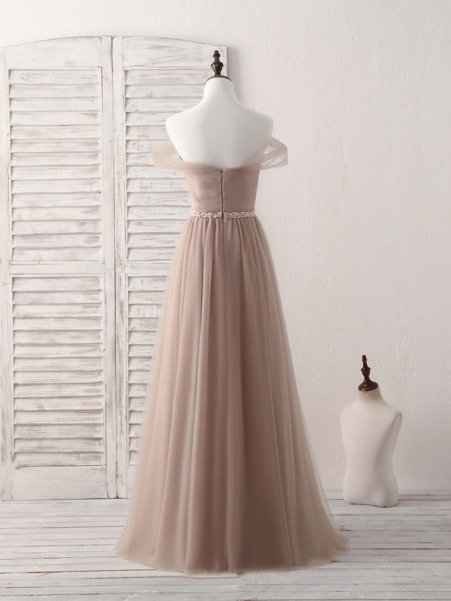 A-Line Off-the-Shoulder Floor-Length Tulle Prom Dress with Beaded Waistband