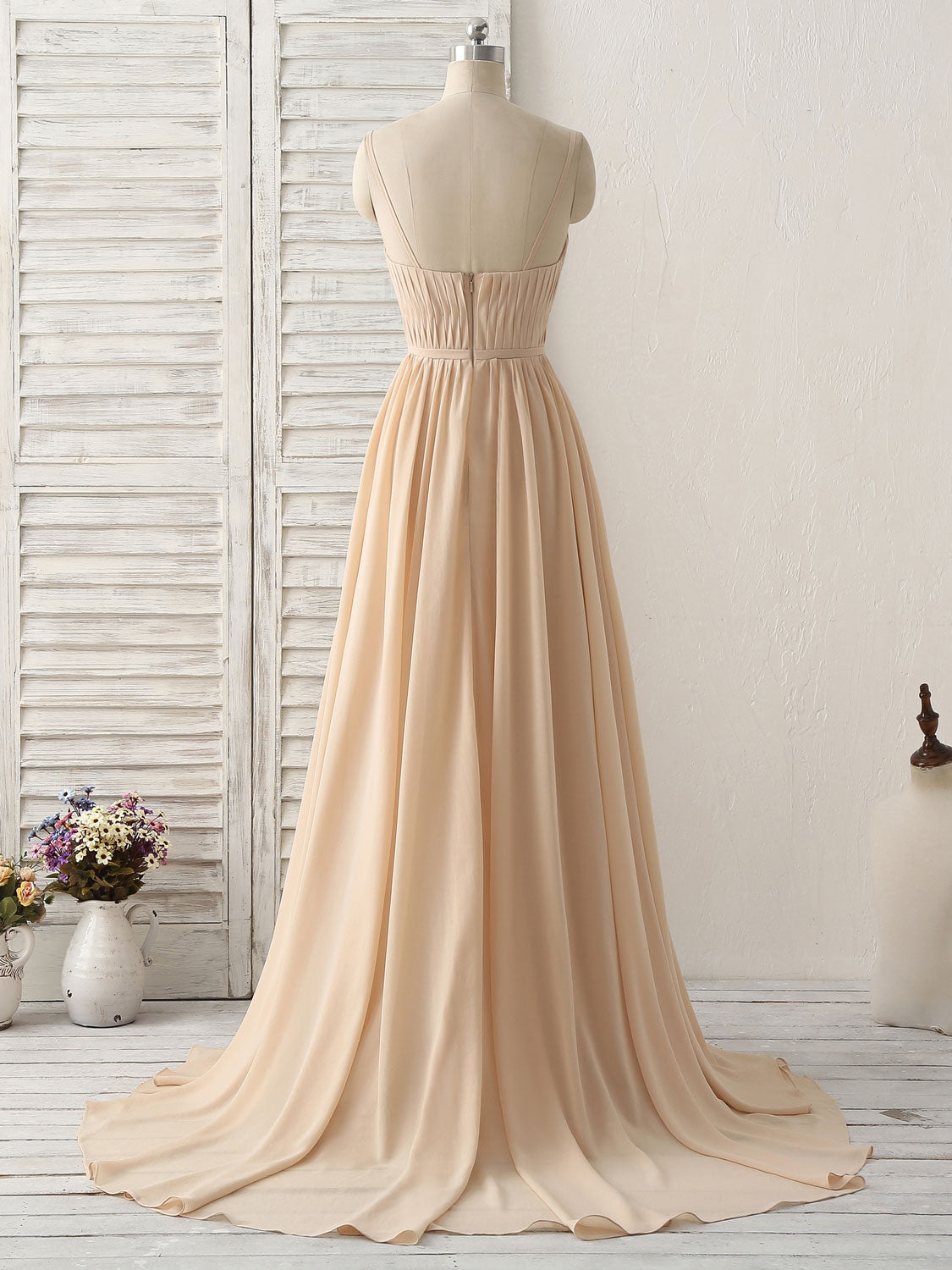 A-Line V-Neck Floor-Length Chiffon Dress with Gathered Bodice Prom Dress