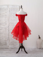 Off-the-Shoulder A-line High-Low Red Homecoming Dress with Floral Appliqué