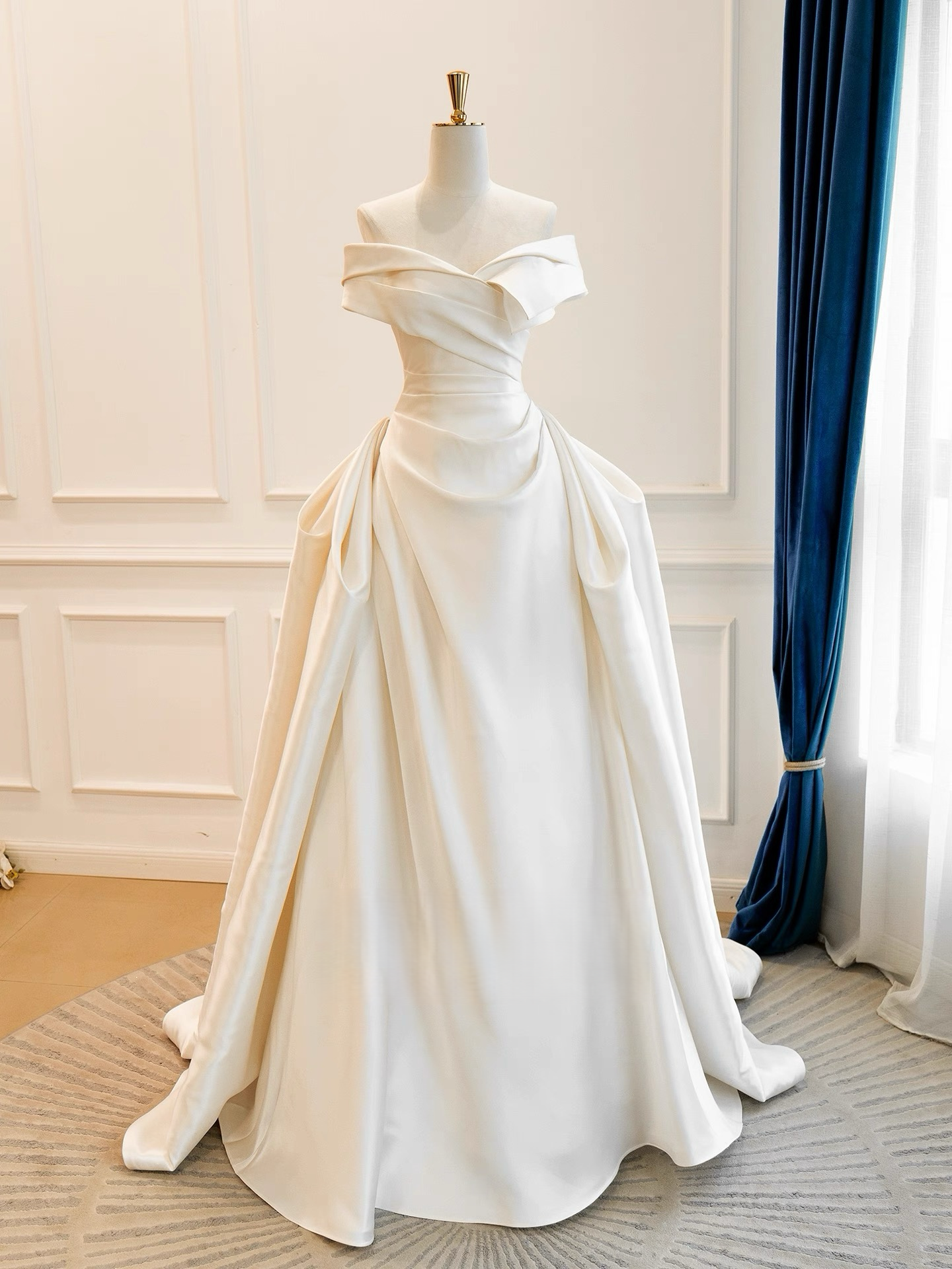 A-Line Off Shoulder Satin Light Champagne Long Prom Dress, Light Champagne Formal Dress