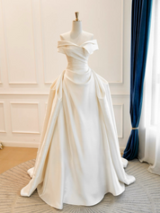 A-Line Off Shoulder Satin Light Champagne Long Prom Dress, Light Champagne Formal Dress