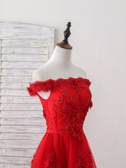 Off-the-Shoulder A-line High-Low Red Homecoming Dress with Floral Appliqué