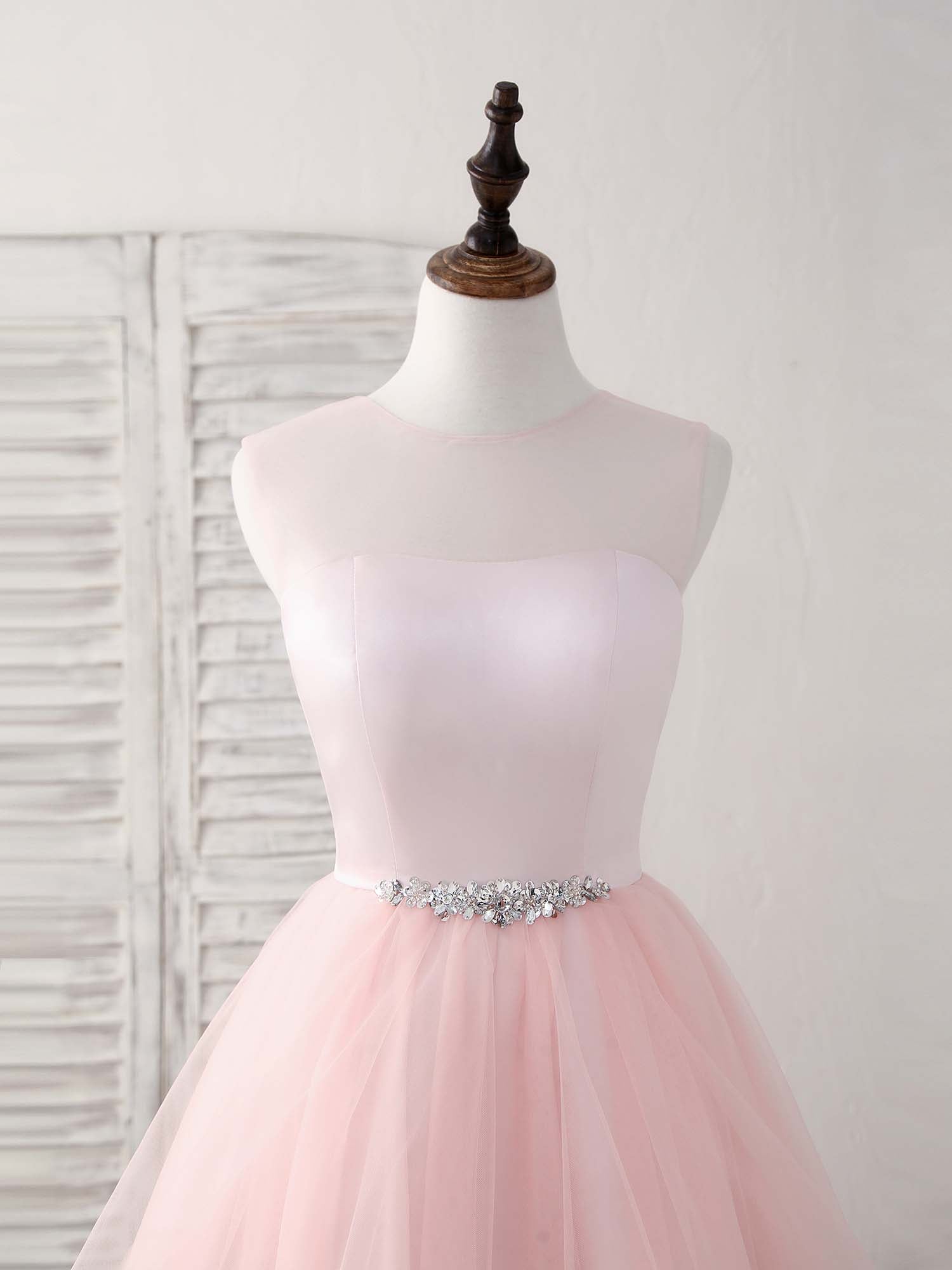 A-line Illusion Neck Short/Mini Tulle Homecoming Dress with Beaded Waistband