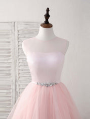 A-line Illusion Neck Short/Mini Tulle Homecoming Dress with Beaded Waistband
