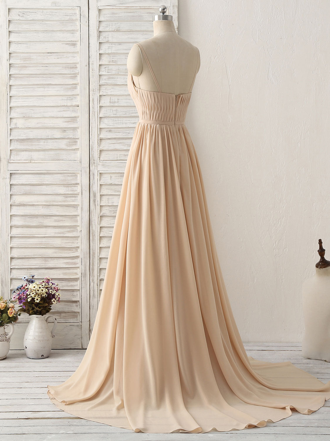 A-Line V-Neck Floor-Length Chiffon Dress with Gathered Bodice Prom Dress