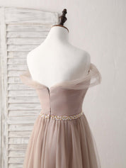 A-Line Off-the-Shoulder Floor-Length Tulle Prom Dress with Beaded Waistband